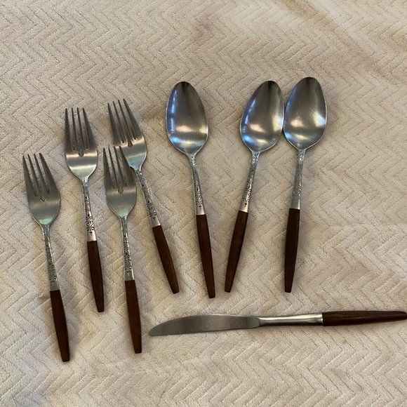 Vintage Other - Interpur VTG 8 pcs Stainless Steel Fork Spoon Knife Flatware Brown Handle Japan